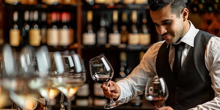 Foto retrato de um sommelier de pé em um balcão de bebidas alcoólicas