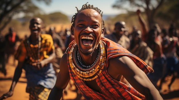 Retrato de um sorridente guerreiro Masai dançando no Masai Mara Kenya