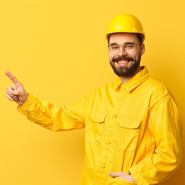 Foto retrato de um técnico vestido de amarelo em pose profissional