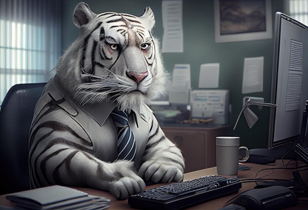 Retrato de um tigre branco antropomórfico como desenvolvedor no escritório Gerar Ai