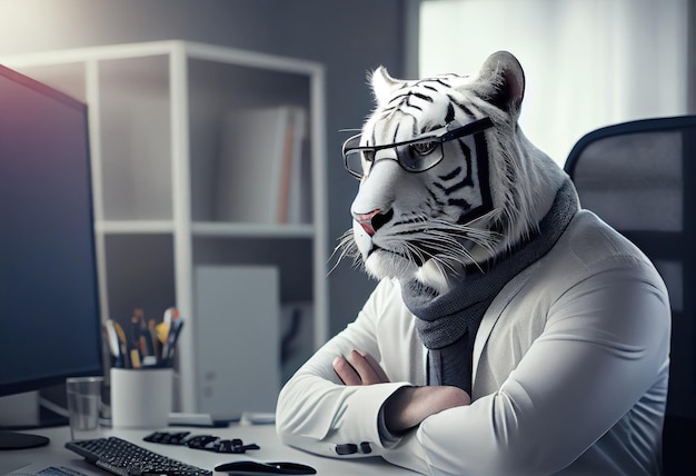 Retrato de um tigre branco antropomórfico como desenvolvedor no escritório Gerar Ai