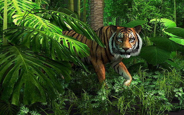 Retrato de um tigre em estado selvagem. Assustador tigre real de bengala masculino olhando para a câmera de dentro da selva.