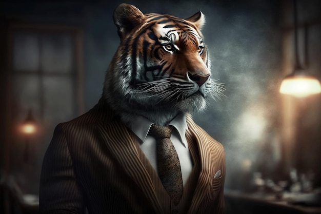 Retrato de um tigre em traje de negócios, conceito criativo do mercado de ações