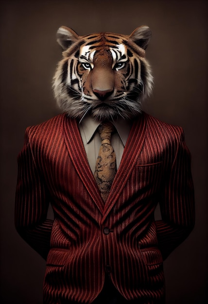 Retrato de um tigre em um terno vermelho e gravata Studio shot Generative AI