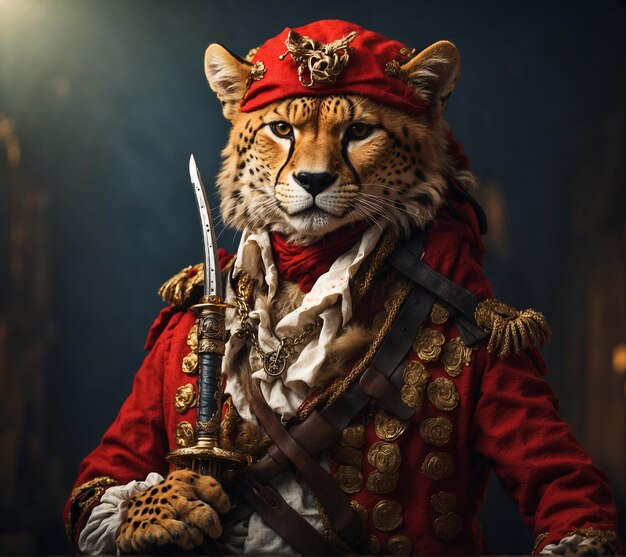 Retrato de um tigre em um traje medieval vermelho com uma espada