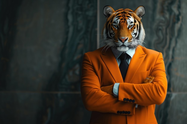 Retrato de um tigre vestido com um elegante terno laranja em um fundo escuro