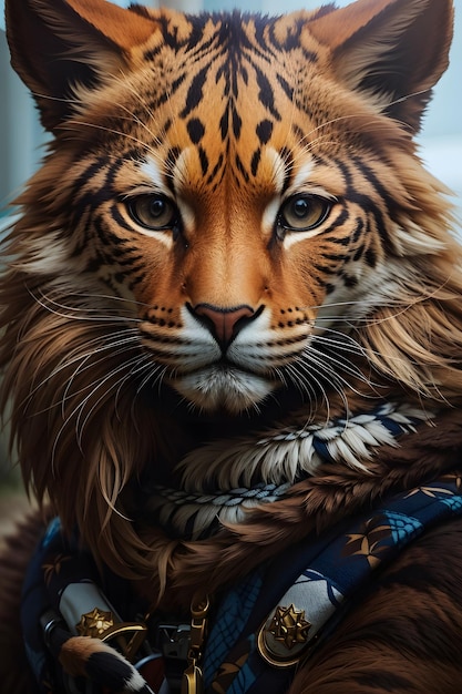 Retrato de um tigre vestindo roupas de uma tribo indígena na selva