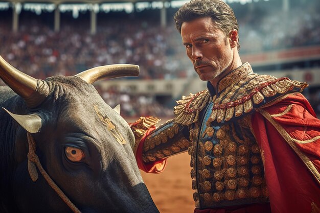 Foto retrato de um toureiro com um touro em uma arena de touros espanhola em um traje simbólico