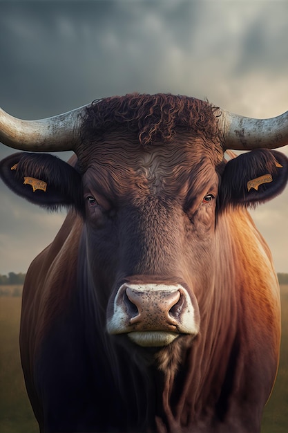 Retrato de um touro bravo em uma planície agrícola de fazenda