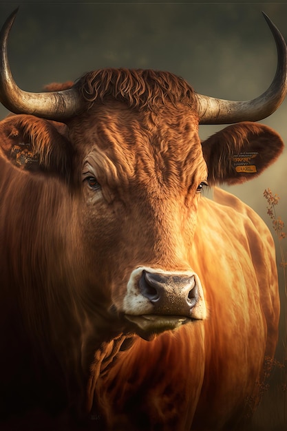 Retrato de um touro bravo em uma planície agrícola de fazenda