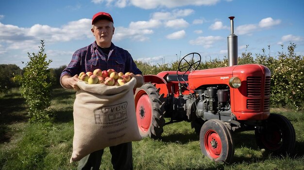 Foto retrato de um trabalhador agrícola segurando um saco cheio de frutas de maçã ao lado de uma máquina de trator de estilo retro