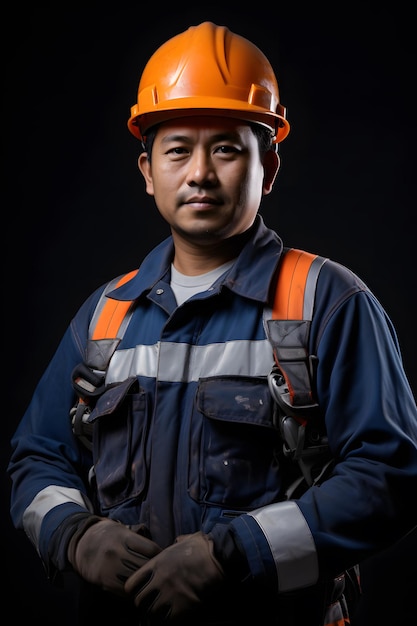 Retrato de um trabalhador asiático vestindo capacete de segurança em fundo preto