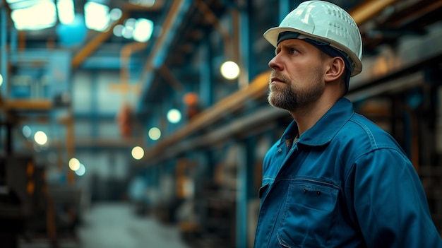 Retrato de um trabalhador caucasiano em um capacete de segurança e macacão azul em uma fábrica industrial