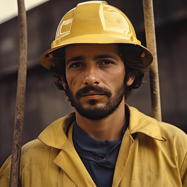 Retrato de um trabalhador com capacete amarelo e capa de chuva Conceito de trabalho industrial e de mineração