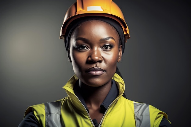 Retrato de um trabalhador da construção civil mulher negra usando capacete Generative ai