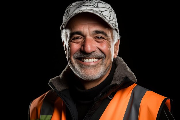 Retrato de um trabalhador da construção feliz vestindo um capacete e um colete de segurança