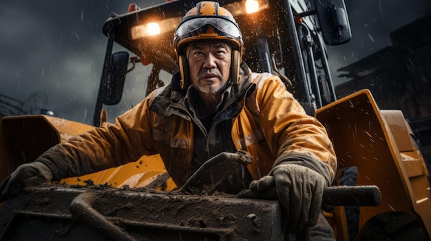 Retrato de um trabalhador da construção masculino com capacete e equipamento de segurança operando máquinas pesadas em um canteiro de obras