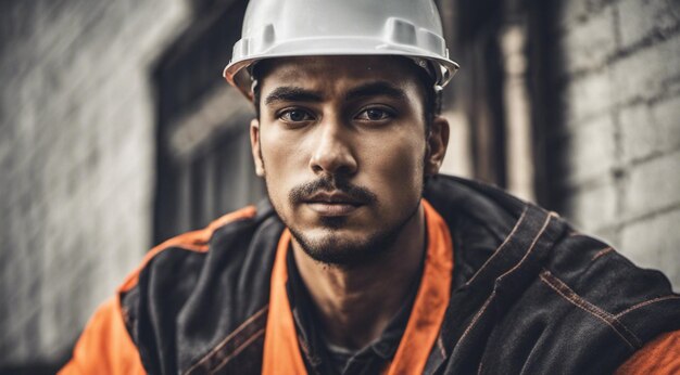 retrato de um trabalhador da construção trabalhador duro no trabalho retrato de Um homem com capacete trabalhador duro