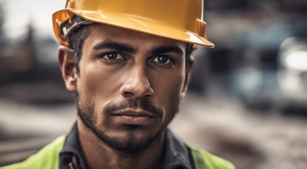 retrato de um trabalhador da construção trabalhador duro no trabalho retrato de Um homem com capacete trabalhador duro