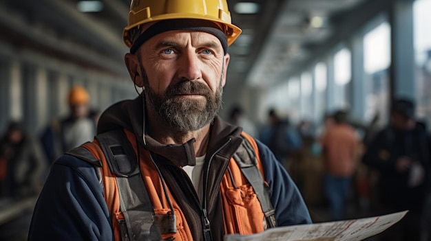 Retrato de um trabalhador da construção usando um capacete e um colete de segurança olhando para os planos