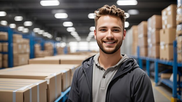 Retrato de um trabalhador de armazém feliz de pé no armazém