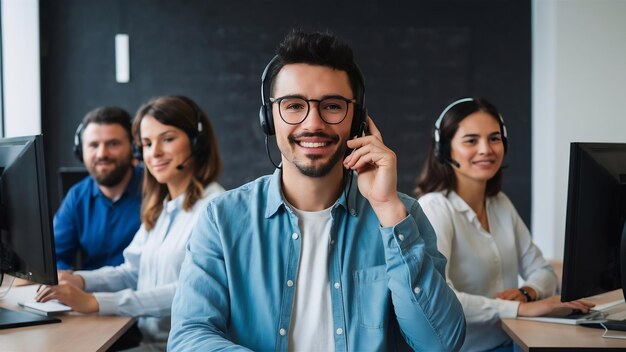 Foto retrato de um trabalhador de call center acompanhado por sua equipe sorrindo operador de suporte ao cliente no trabalho