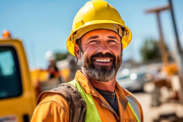 Foto retrato de um trabalhador de construção de pé contra o fundo da bandeira dos eua na celebração do dia do trabalho homem de trabalho em uniforme e capacete de construção de segurança gerado por ia