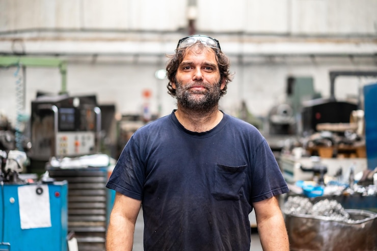Foto retrato de um trabalhador de uma fábrica industrial de metal no setor de controle numérico