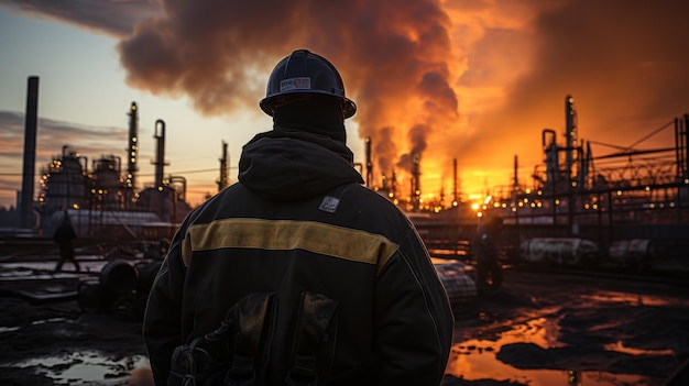 Retrato de um trabalhador industrial em uma refinaria de gás e petróleo ao pôr do sol