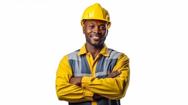 Retrato de um trabalhador líder de engenheiro negro afro-americano com braços cruzados e um sorriso em um pano de fundo branco GERAR AI
