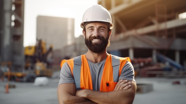 Retrato de um trabalhador manual está de pé com confiança com vestido de trabalho e capacete de segurança