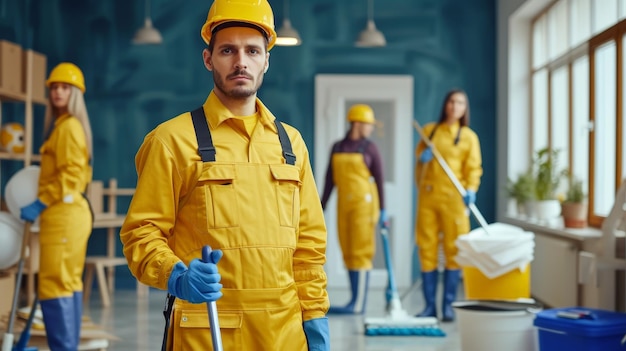 Retrato de um trabalhador masculino confiante em um uniforme amarelo e um capacete de pé no escritório