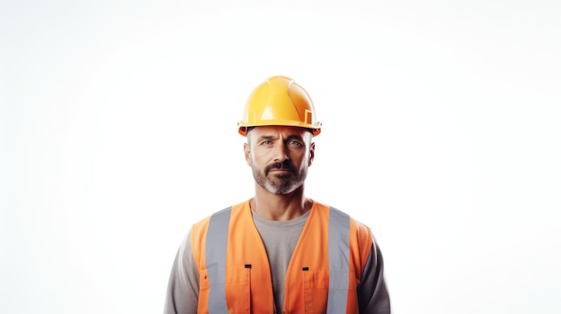 Retrato de um trabalhador masculino sério em um capacete de construção em um fundo branco IA generativa