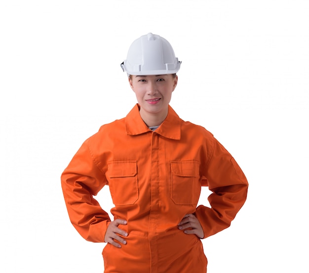 Foto retrato, de, um, trabalhador mulher, em, mecânico, jumpsuit, isolado, branco, fundo