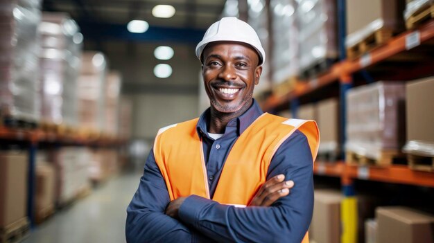 Foto retrato de um trabalhador profissional bonito e feliz vestindo colete de segurança e chapéu de segurança sorrindo