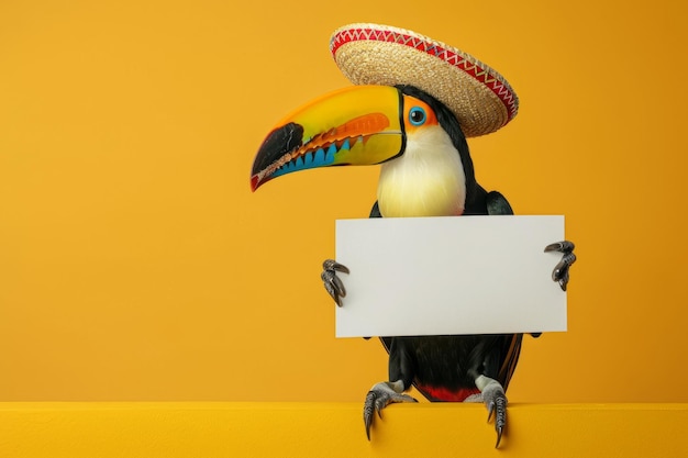 Retrato de um tucano vestindo um sombrero tradicional mexicano segurando um sinal em branco