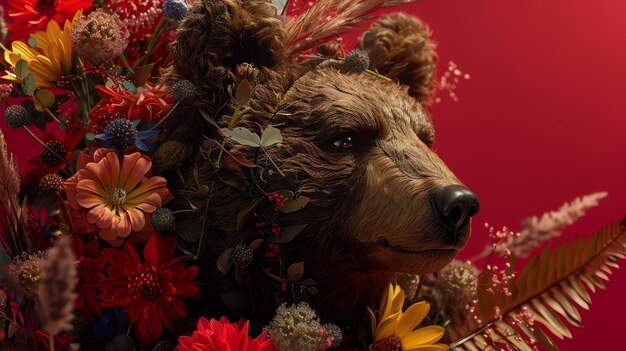 Retrato de um urso majestoso com flores O urso está olhando para o espectador com uma expressão calma