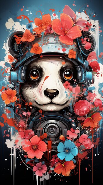 Retrato de um urso panda com fones de ouvido e flores de hibisco Gerar Ai