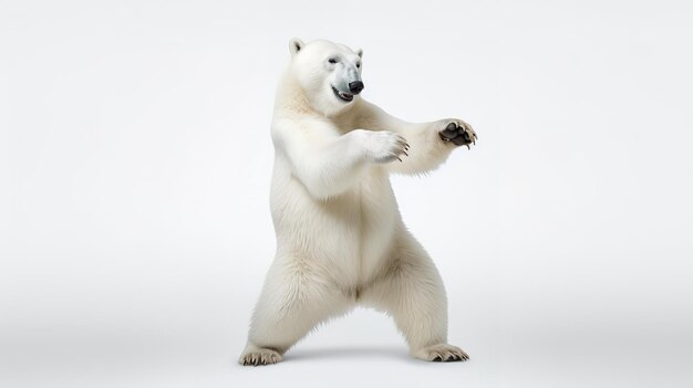 Foto retrato de um urso polar branco dançando felizmente isolado em um fundo branco