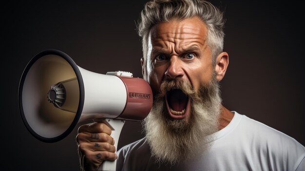 Foto retrato de um velho barbudo zangado gritando gritando por um megafone