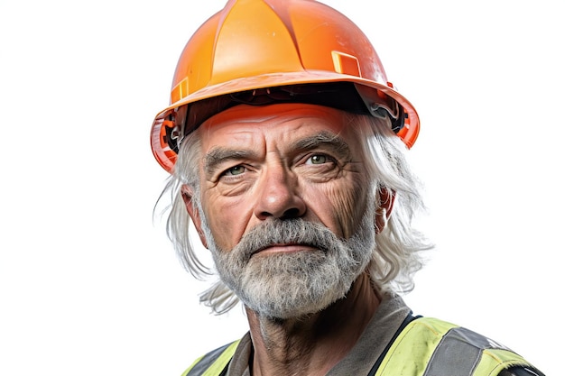 Retrato de um velho em um capacete de construção em um fundo branco