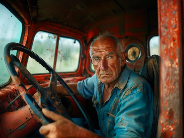 Retrato de um velho homem avô motorista de um velho caminhão trator na roda generativo ai