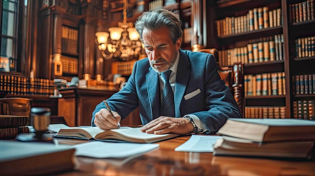 Retrato de um velho juiz ou advogado na biblioteca conceito de lei e justiça