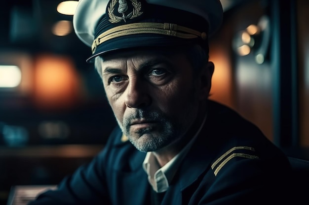Retrato de um velho marinheiro capitão de navio de uniforme na sala de controle Generative AI