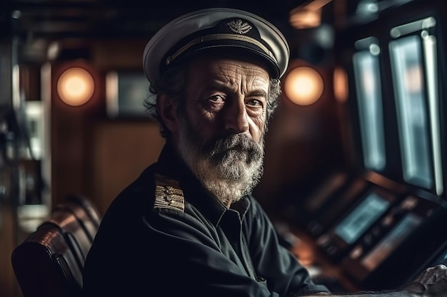 Foto retrato de um velho marinheiro capitão de navio de uniforme na sala de controle generative ai