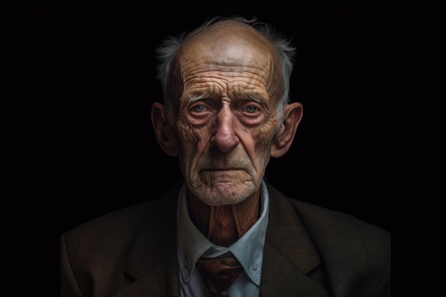 Retrato de um velho pensativo em fundo preto criado usando tecnologia de IA generativa