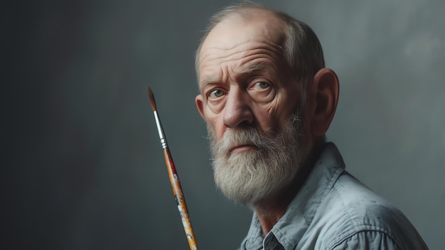 Retrato de um velho sábio com uma longa barba branca Ele está vestindo uma camisa azul e segurando um pincel O fundo é cinza