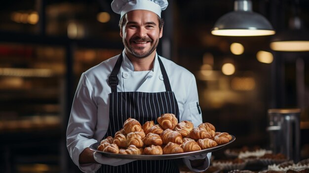 Foto retrato de um vendedor bonito em uniforme de pé com deliciosos croissants na loja com produtos de padaria