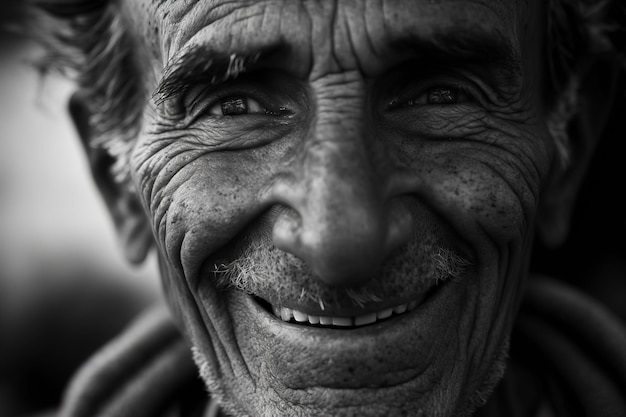 Retrato de um vovô idoso sorrindo com um grande close de seu rosto em preto e branco