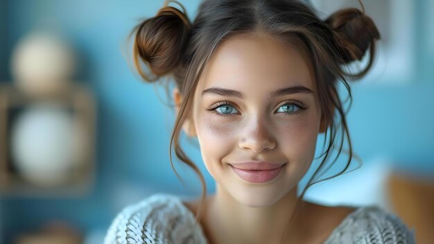 Foto retrato de uma adolescente alegre com bolinhos duplos em uma camisola contra um fundo azul fotografia de retrato conceitual adolescente com bolinhas duplas de expressão alegre